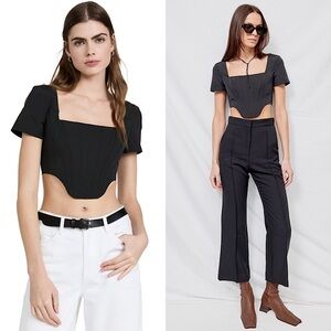 STAUD 90s Crepe Square Neck Short Sleeve Curved Hem Cropped Corset Bustier Top 2
